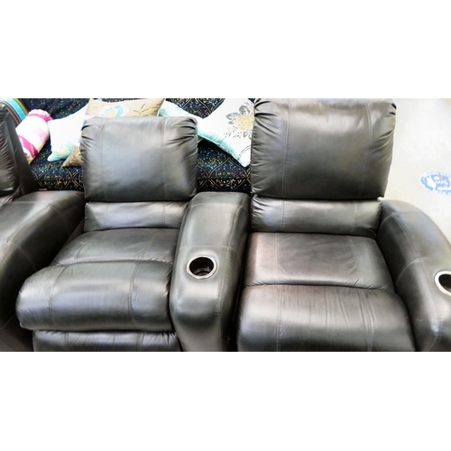 417 - A row of three brown hide upholstered manual reclining cinema chair with cup holders to each arm&nbs... 