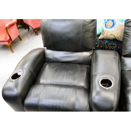 417 - A row of three brown hide upholstered manual reclining cinema chair with cup holders to each arm&nbs... 