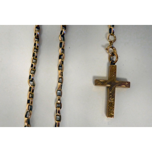 23 - A gold coloured metal belcher link neckchain; and a 9ct gold engraved cross pendant