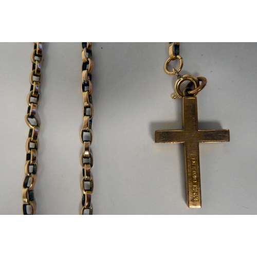 23 - A gold coloured metal belcher link neckchain; and a 9ct gold engraved cross pendant