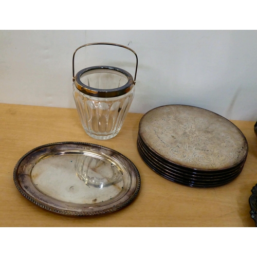 24 - Silver, electroplated and stainless steel tableware: to include a pedestal caster; and a biscuit jar