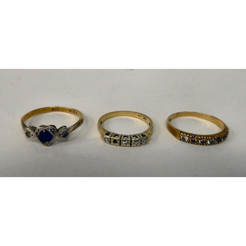 27 - Six assorted 9ct gold and yellow metal dress rings, variously set with coloured stones