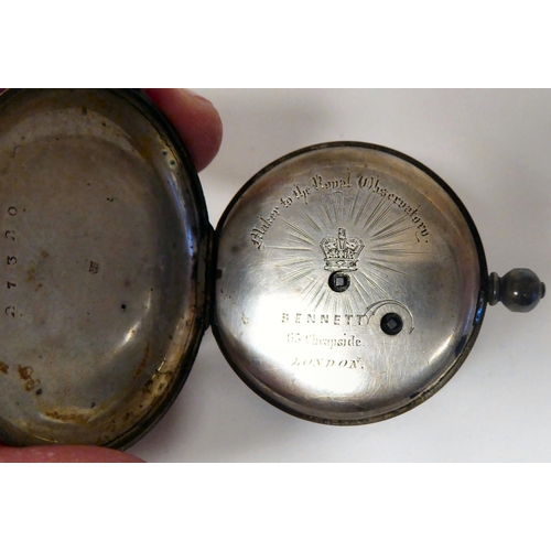 293 - A white metal cased pocket watch, inscribed Bennett, Cheapside, London, faced by a white enamel Roma... 