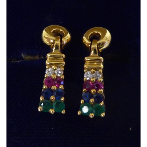 300 - A pair of 18ct gold, diamond, ruby, sapphire and emerald earrings  (no backs)