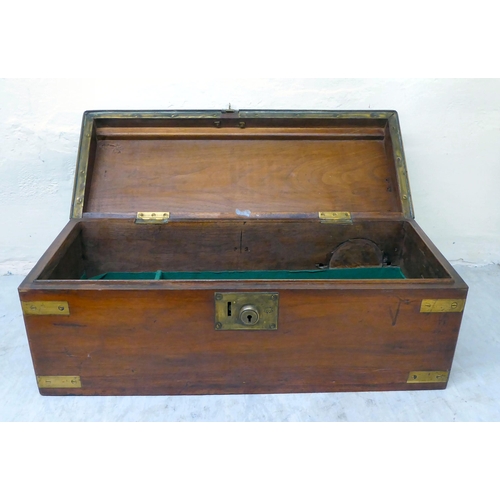 304 - A 19thC military/campaign style brass bound mahogany box with straight sides and a hinged lid, enclo... 