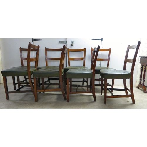 305 - A matched set of eight late 19thC string inlaid, mahogany framed double bar back dining chairs, the ... 