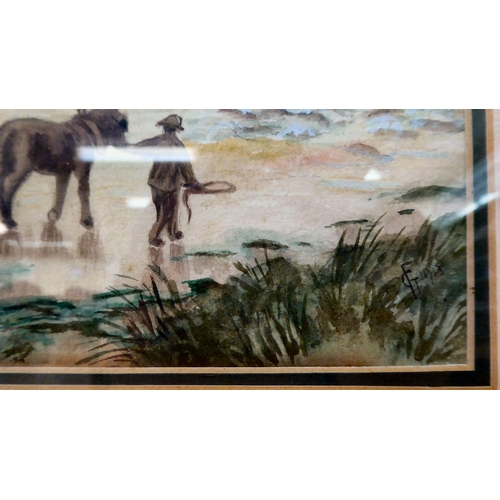 34 - Edwardian School - a figure leading two donkies and a hay cart, on a shoreline  watercolour  bears a... 