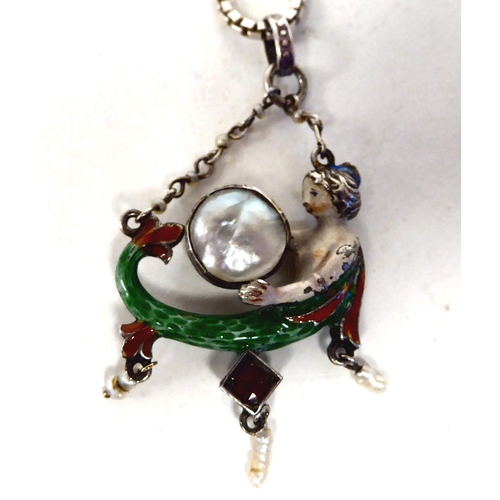 382 - An early 20thC probably white metal and coloured enamel novelty mermaid pendant with an unmatched bo... 