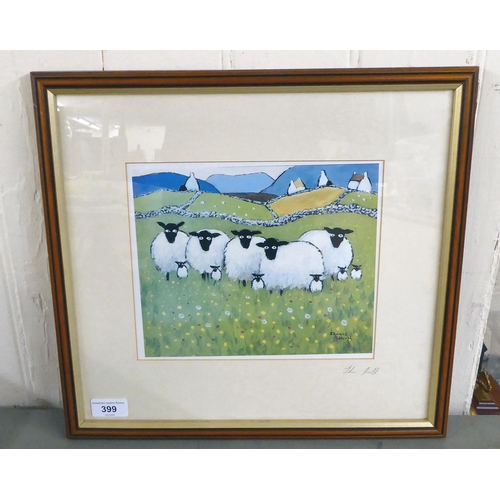 399 - After Thomas Joseph - sheep and lambs, in a field  coloured print  bears a pencil signatur... 