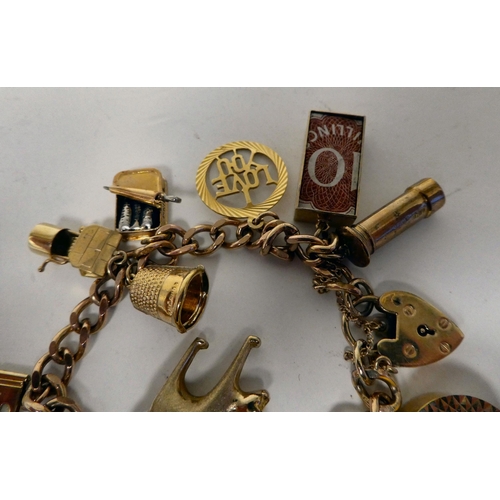 4 - A 9ct gold charm bracelet with various charms, including 10/- and £1 notes