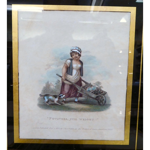 40 - A series of nine framed early 19thC tinted engravings, featuring artisan occupations, including 'Cha... 