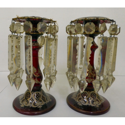 417 - A pair of late Victorian overpainted cranberry coloured lustres with crystal pendant droplets  10