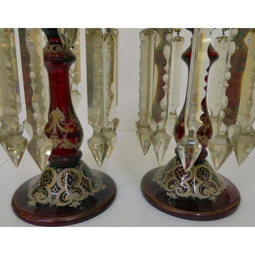 417 - A pair of late Victorian overpainted cranberry coloured lustres with crystal pendant droplets  10