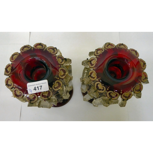 417 - A pair of late Victorian overpainted cranberry coloured lustres with crystal pendant droplets  10