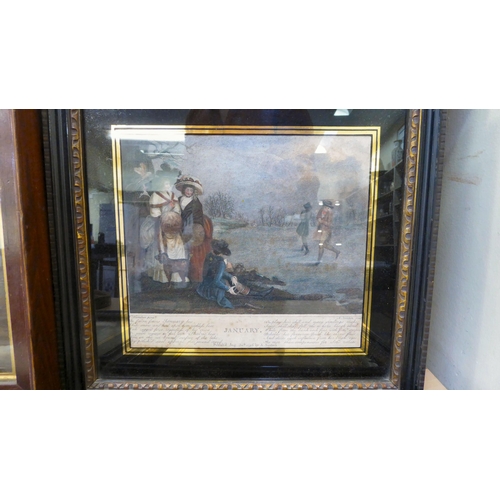 47 - Framed 18th and 19thC coloured engravings, featuring domestic life in rural England: to include cale... 