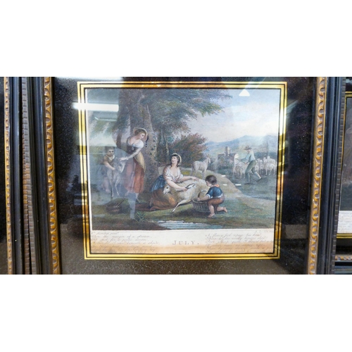 47 - Framed 18th and 19thC coloured engravings, featuring domestic life in rural England: to include cale... 