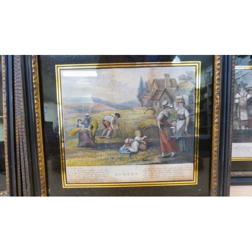 47 - Framed 18th and 19thC coloured engravings, featuring domestic life in rural England: to include cale... 