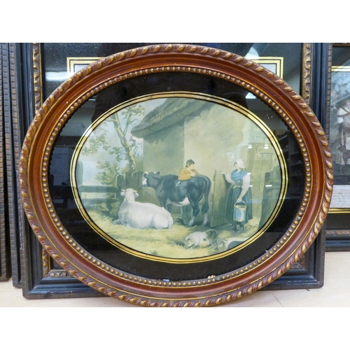 47 - Framed 18th and 19thC coloured engravings, featuring domestic life in rural England: to include cale... 