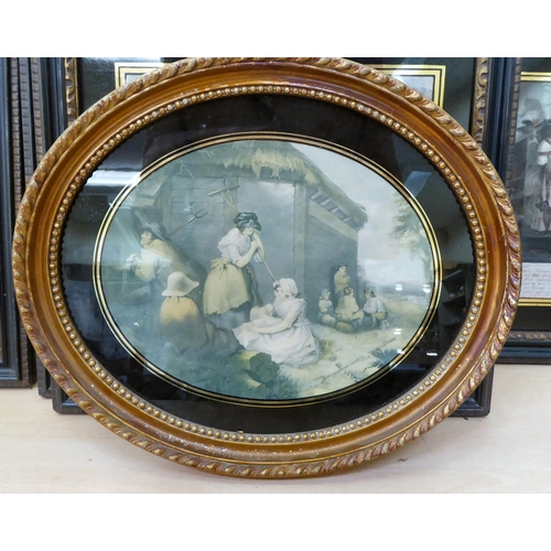 47 - Framed 18th and 19thC coloured engravings, featuring domestic life in rural England: to include cale... 