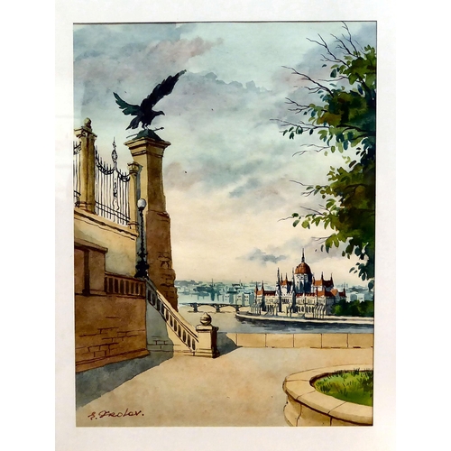 52 - Sergei Frolov - two Budapest inner city views  watercolours  bearing signatures  4