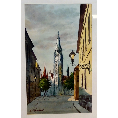 52 - Sergei Frolov - two Budapest inner city views  watercolours  bearing signatures  4