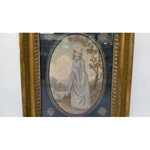 56 - A late 18thC tapestry and painted silk picture, a young lady wearing a long dress and bonnet  9... 