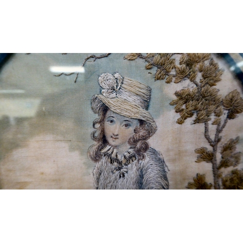 56 - A late 18thC tapestry and painted silk picture, a young lady wearing a long dress and bonnet  9... 