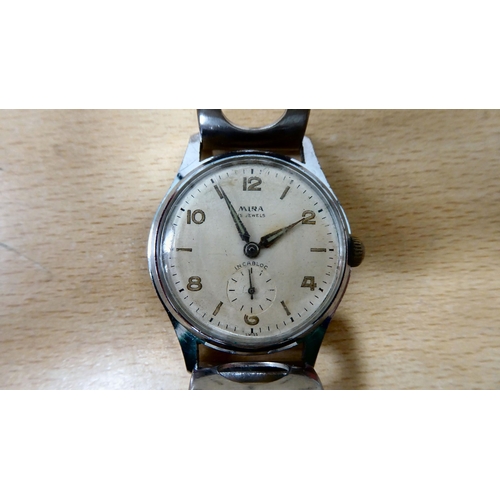 18 - Watches: to include a Mira Incabloc stainless steel strapped example, faced by a baton and Arabic di... 