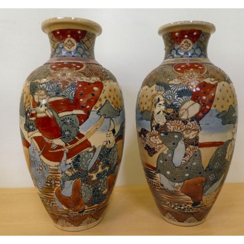 228 - 20thC Oriental ceramics: to include a pair of Japanese crackle glazed vases, decorated with warriors... 