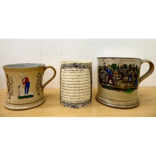 24 - Mainly 19thC ceramics: to include china mugs, decorated with cricket scenes 