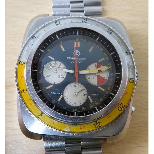 3 - A 1977 stainless steel cased and strapped Favre-Leuba, Geneve Sea Sky GMT chronograph, faced by a ba... 