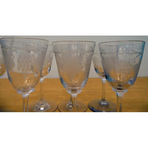 47 - Glassware: to include a late Victorian pedestal wine with a fruit and vine decorated bowl 