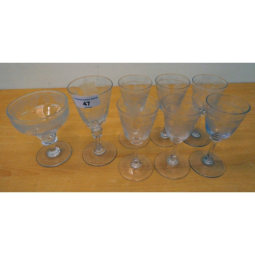 47 - Glassware: to include a late Victorian pedestal wine with a fruit and vine decorated bowl 