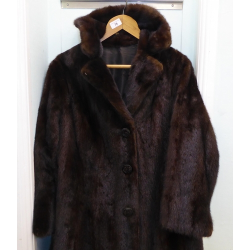 74 - A vintage three quarter length dark brown mink coat  approx. size 8/10