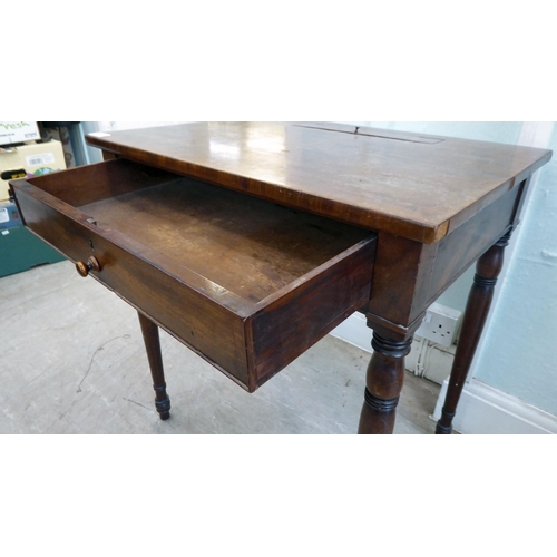 85 - A child's Victorian mahogany single drawer desk, raised on ring turned, tapered  legs  26