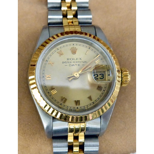 226 - A lady's Rolex Oyster Perpetual Date, bi-coloured stainless steel cased bracelet wristwatch, faced b... 