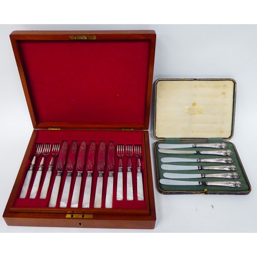 230 - Silver plated collectables: to include an early 20thC set of twelve dessert knives and forks, on mot... 