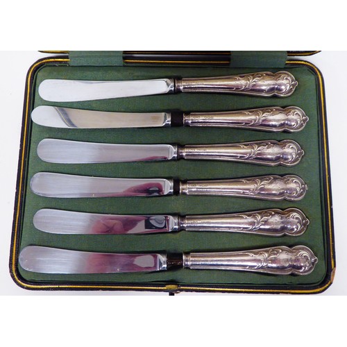 230 - Silver plated collectables: to include an early 20thC set of twelve dessert knives and forks, on mot... 