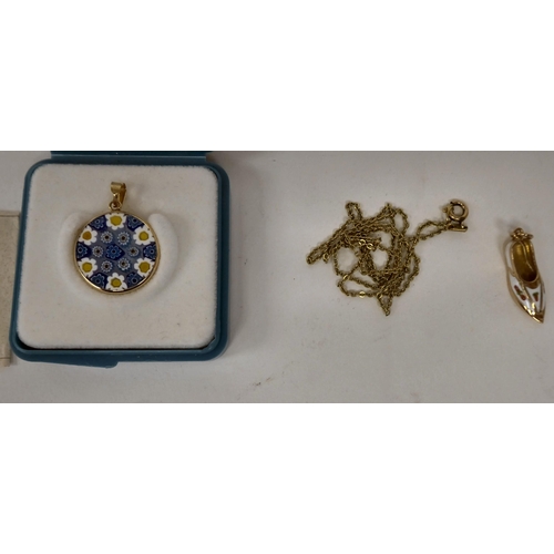 15 - Gold and yellow metal jewellery: to include an 18ct gold framed pendant, set with a millefiori Muran... 