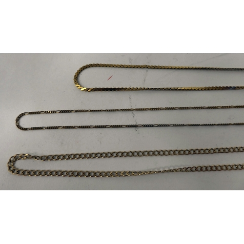 16 - Three dissimilar 9ct gold chains  (10.5grms combined gross weight)