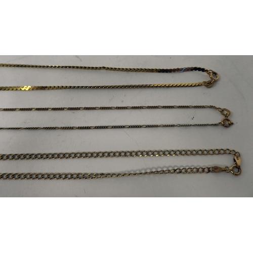 16 - Three dissimilar 9ct gold chains  (10.5grms combined gross weight)