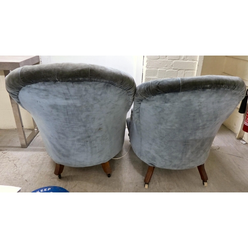 54 - Two similar Victorian and later blue/grey fabric upholstered nursing chairs, raised on turned legs a... 