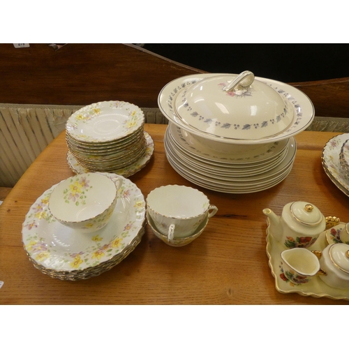 32 - Ceramic tableware: to include Johnson Brothers china, decorated with flora, foliage and silver band ... 