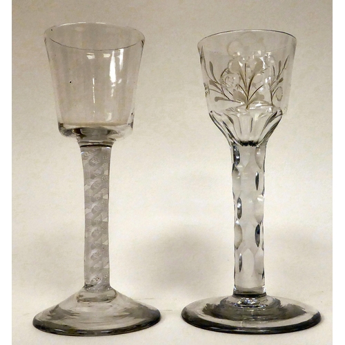 1 - Two late 18thC cordial glasses, one with a cotton air twist stem, the other with a faceted stem ... 