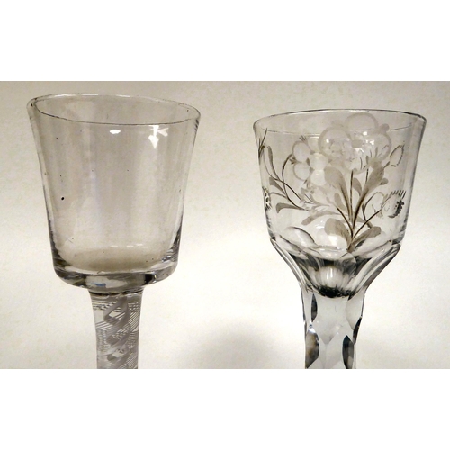 1 - Two late 18thC cordial glasses, one with a cotton air twist stem, the other with a faceted stem ... 