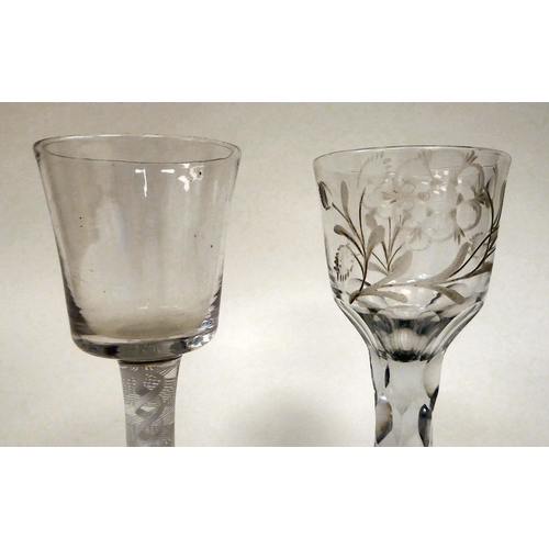 1 - Two late 18thC cordial glasses, one with a cotton air twist stem, the other with a faceted stem ... 