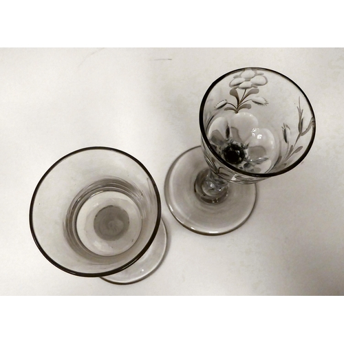 1 - Two late 18thC cordial glasses, one with a cotton air twist stem, the other with a faceted stem ... 