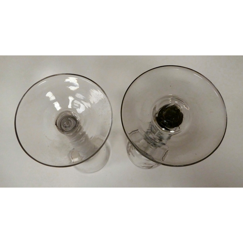 1 - Two late 18thC cordial glasses, one with a cotton air twist stem, the other with a faceted stem ... 