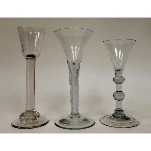 11 - Three late 18thC cordial glasses, one with an open air twist stem, the others, plain stems  6