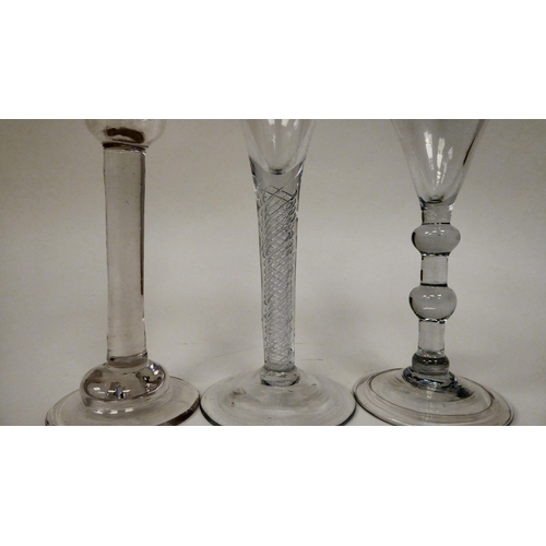 11 - Three late 18thC cordial glasses, one with an open air twist stem, the others, plain stems  6